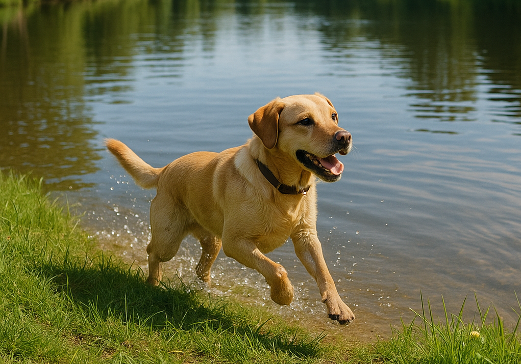 Chien jouant près d'un lac paisible en Charente