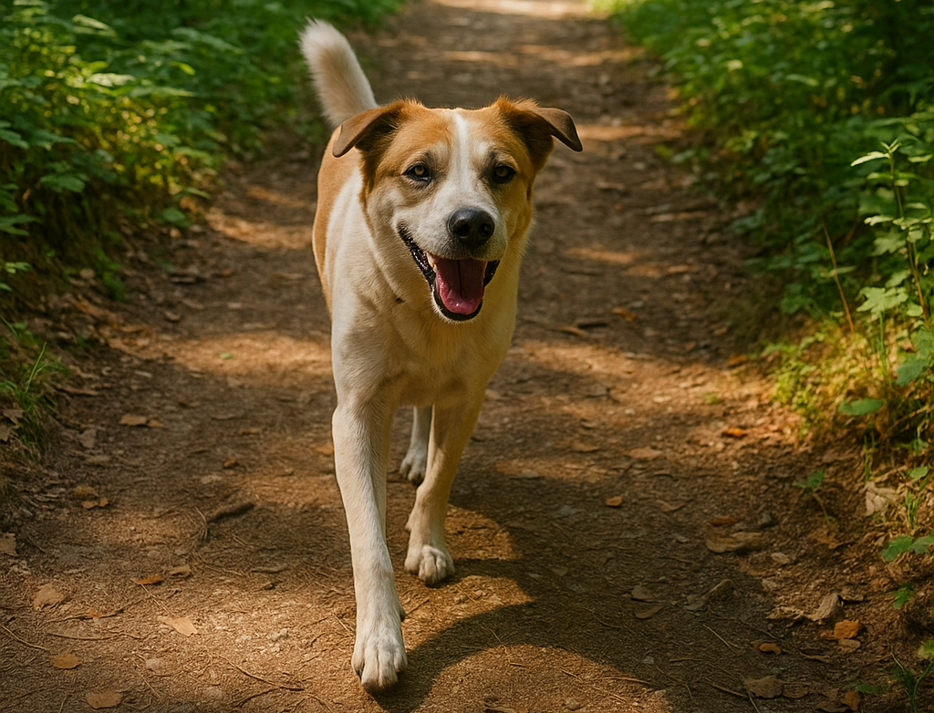 Chien en balade sur sentier forestier en Charente